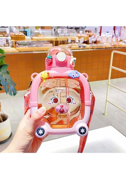 Sevimli Ayıcık Tasarımlı 1000 ml Çocuk Su Şişesi, Pembe Renkli, Sağlıklı