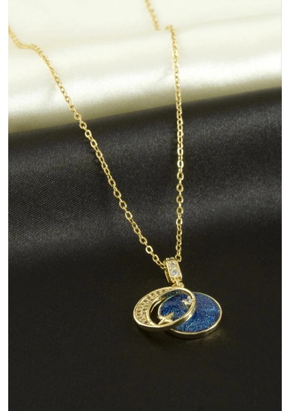 Ay Yıldız Zirkon Taşlı Lüks Çelik Kolye