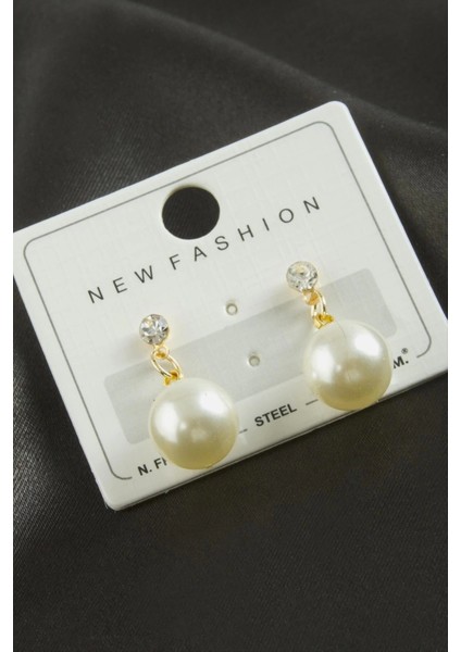 Yuvarlak Inci Taşlı Küpe