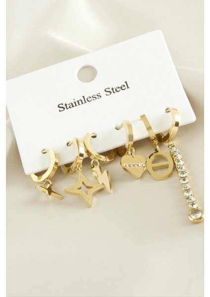 6 Adet Yıldız Zirkon Taşlı Lüks Çelik Küpe