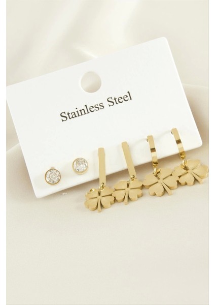 6 Adet Yonca Zirkon Taşlı Lüks Çelik Küpe