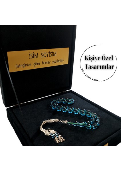 Ateş Kehribar Tesbih, Harfli Kişiye Özel Kadife Kutulu , Sıkma Kehribar ,tespih Gümüş Kaplama, Buz Mavisi