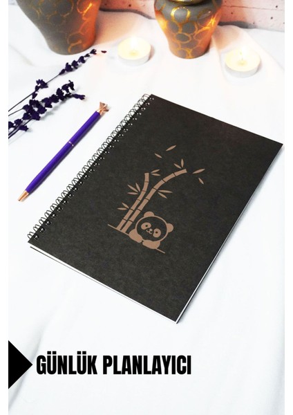 A5 Panda Desen Siyah Kraft Kapaklı Defter - Günlük Planlayıcı - 45 Yaprak (90 Sayfa) 15X21 cm