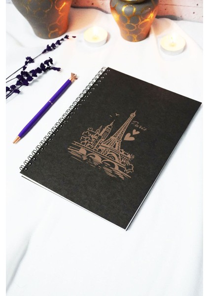 A5 Paris (Eyfel) Siyah Kraft Kapaklı Çizgisiz Defter - 60 Yaprak (120 Sayfa) 15X21 cm - Okul Defteri