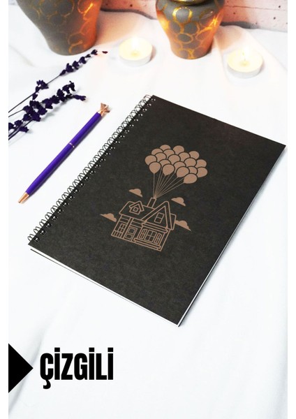 A5 Uçan Ev Temalı Siyah Kraft Kapaklı Defter - Çizgili Defter - 60 Yaprak (120 Sayfa) 15X21 cm