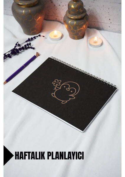 A5 Sevimli Penguen Temalı Siyah Kraft Kapaklı Defter - Haftalık Planlayıcı - 52 Yaprak 15X21 cm
