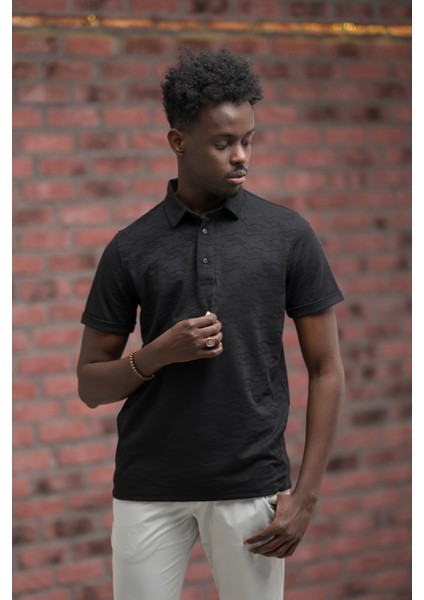 Regular Fit Likralı Kendinden Desenli Polo Yaka T-Shirt