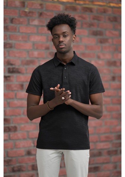 Regular Fit Likralı Kendinden Desenli Polo Yaka T-Shirt fiyatları