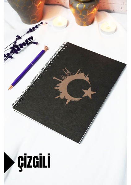 A5 Türk Bayrağı Temalı Siyah Kraft Kapaklı Defter - Çizgili Defter - 60 Yaprak (120 Sayfa) 15X21 cm