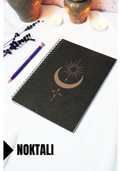 A5 Ay Güneş Temalı Siyah Kraft Kapaklı Defter - Noktalı Defter - 60 Yaprak (120 Sayfa) 15X21 cm