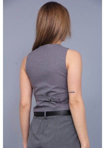 Kadın GRİ %100 Polyester Kruvaze Kesim Slim Fit V Yaka Düğmeli Yelek fiyatları