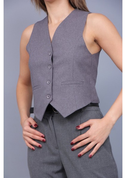Kadın GRİ %100 Polyester Kruvaze Kesim Slim Fit V Yaka Düğmeli Yelek modelleri