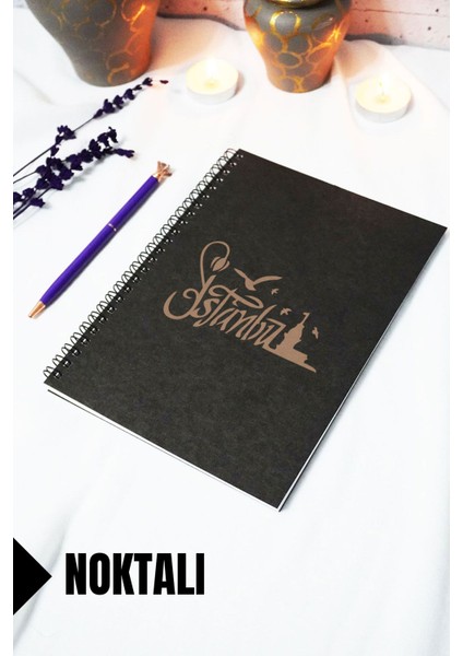 A5 Istanbul Temalı Siyah Kraft Kapaklı Defter - Noktalı Defter - 60 Yaprak (120 Sayfa) 15X21 cm