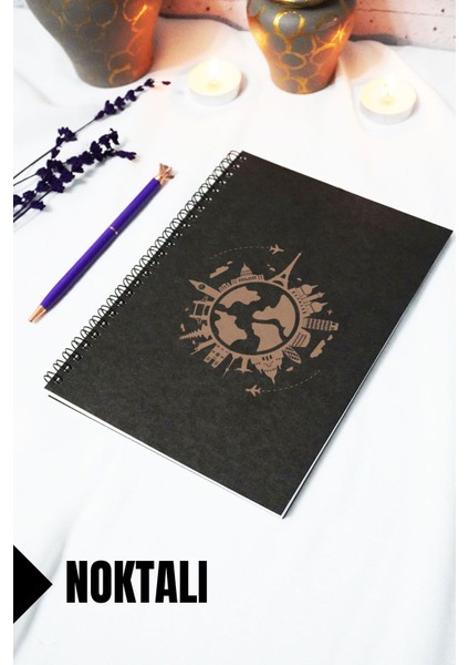 A5 Dünya Temalı Siyah Kraft Kapaklı Defter - Noktalı Defter - 60 Yaprak (120 Sayfa) 15X21 cm