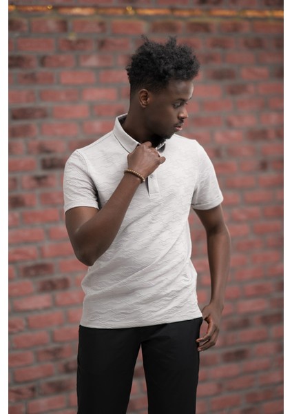 Regular Fit Likralı Kendinden Desenli Polo Yaka T-Shirt