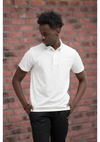 Regular Fit Likralı Kendinden Desenli Polo Yaka T-Shirt