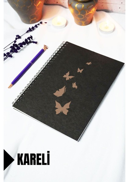 A5 Kelebek Temalı Siyah Kraft Kapaklı Defter - Kareli Defter - 60 Yaprak (120 Sayfa) 15X21 cm