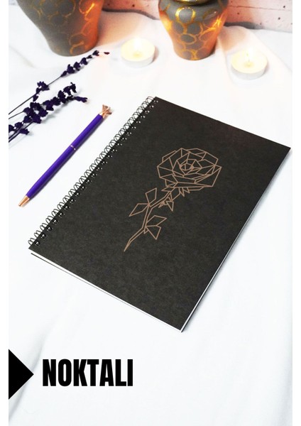 A5 Gül Temalı Siyah Kraft Kapaklı Defter - Noktalı Defter - 60 Yaprak (120 Sayfa) 15X21 cm