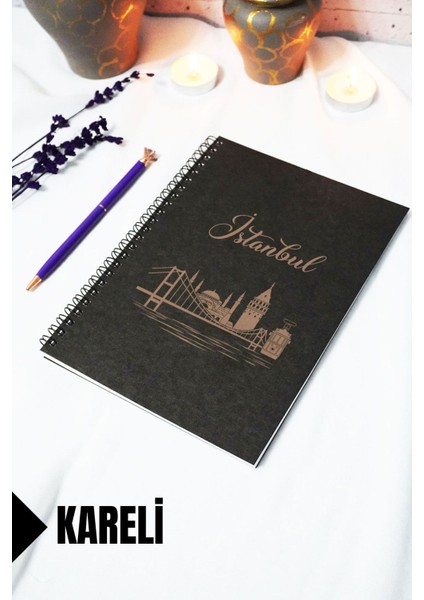 A5 Istanbul Temalı Siyah Kraft Kapaklı Defter - Kareli Defter - 60 Yaprak (120 Sayfa) 15X21 cm