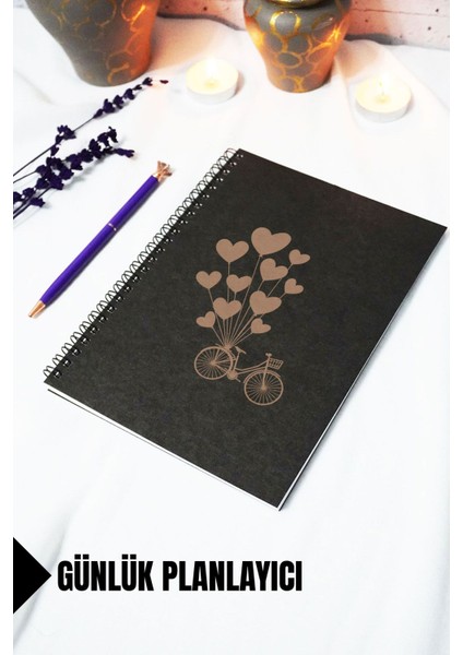 A5 Bisiklet Balon Temalı Siyah Kraft Kapaklı Defter - Günlük Planlayıcı - 45 Yaprak (90 Sayfa)