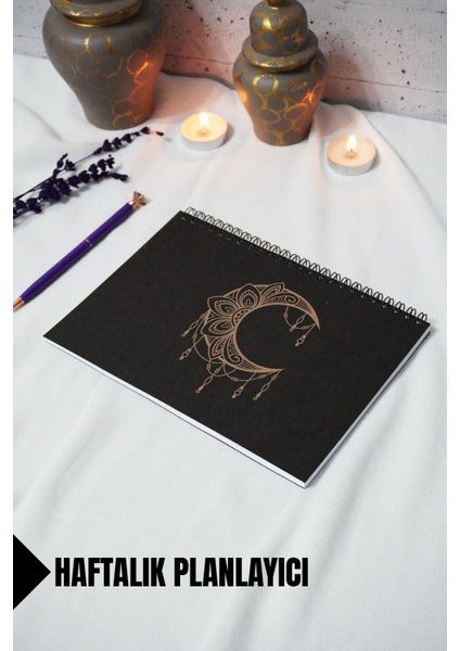 A5 Ay Mandala Siyah Kraft Kapaklı Defter - Haftalık Planlayıcı - 52 Yaprak 15X21 cm - Hilal Defter