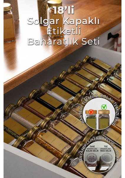 18'li Cam Baharatlık Seti Gold Kapaklı Etiketli Baharatlık Takımı MH00GLD18