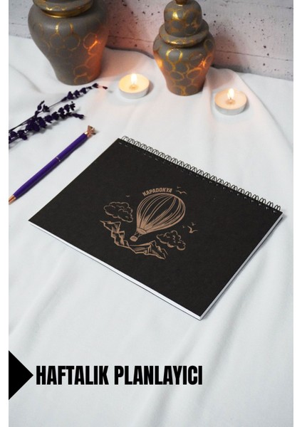 A5 Kapadokya Temalı Siyah Kraft Kapaklı Defter - Haftalık Planlayıcı - 52 Yaprak 15X21 cm