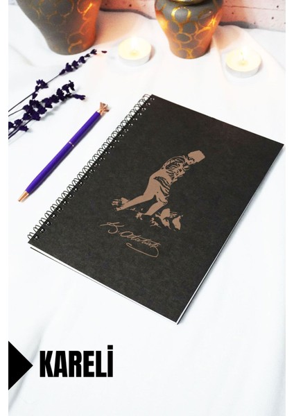 A5 Mustafa Kemal Atatürk Siyah Kraft Kapaklı Defter - Kareli Defter - 60 Yaprak (120 Sayfa)
