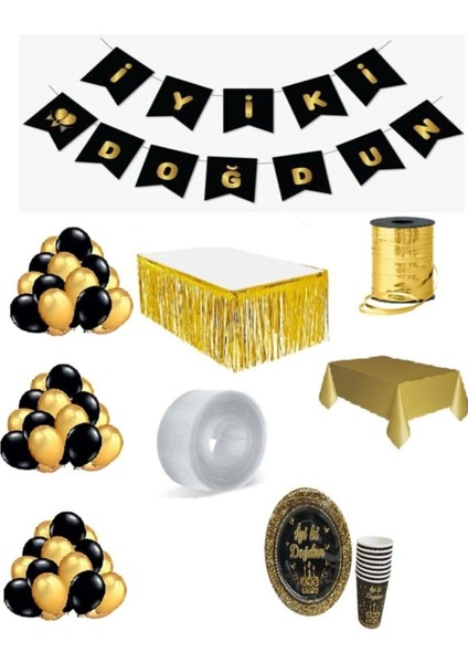 Altın Renk Doğum Günü Seti 8 Kişilik, Şık ve Eğlenceli Kutlama Malzemeleri