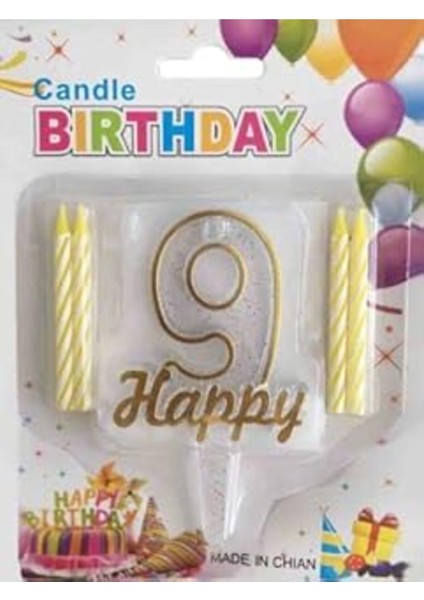 9 Yaş Happy Yazılı Altın Pasta Mumları, Beyaz, Parlak ve Şık Tasarım