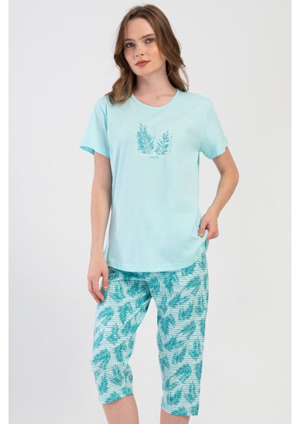 Pamuklu Kadın Büyük Beden Kısa Kol Kaprili Pijama Takım , 408227