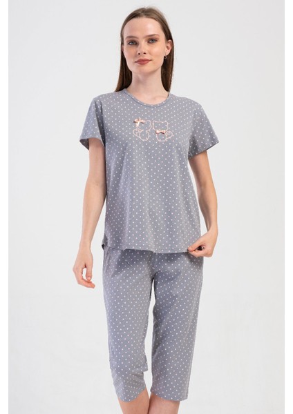 Pamuklu Kadın Kısa Kol Kaprili Pijama Takım , 409014