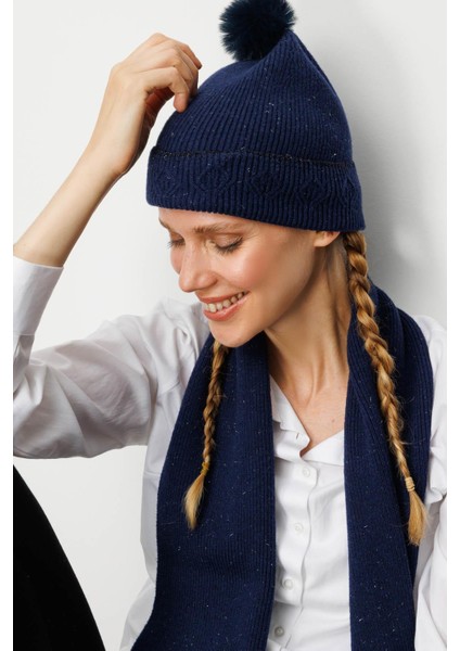 Kadın Simli Jakarlı Ponponlu Yün Şapka Y.a Lacivert