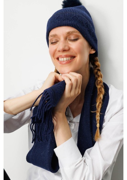 Kadın Simli Jakarlı Ponponlu Yün Şapka Y.a Lacivert fiyatları