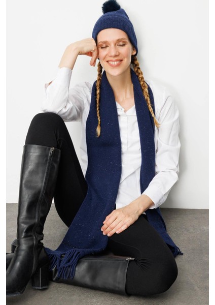 Kadın Simli Jakarlı Ponponlu Yün Şapka Y.a Lacivert indirimleri