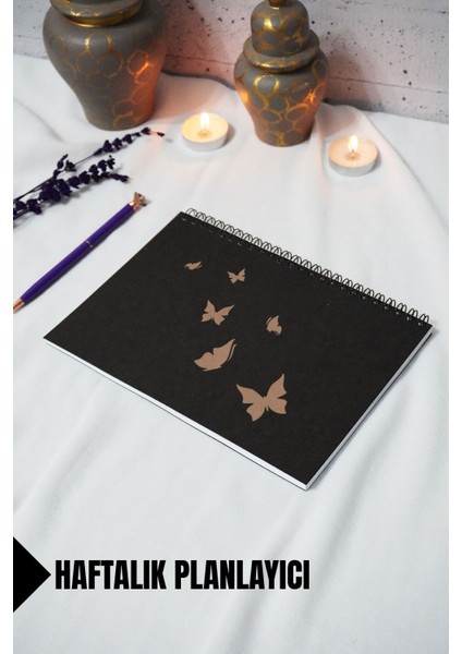 A5 Kelebek Desen Siyah Kraft Kapaklı Defter - Haftalık Planlayıcı - 52 Yaprak 15X21 cm