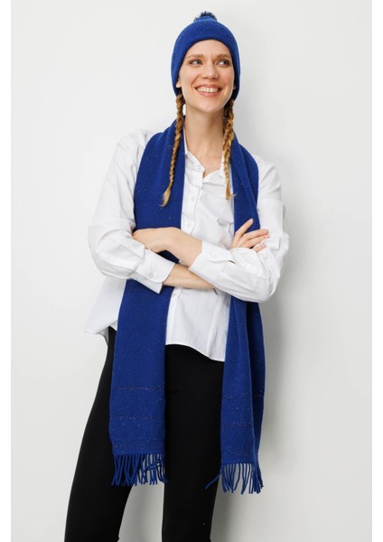 Kadın Simli Jakarlı Ponponlu Yün Şapka K.s.mavi indirimleri