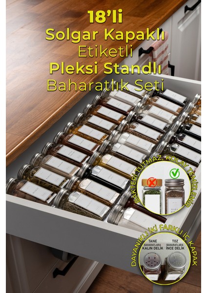 18'li Şeffaf Pleksi Standlı Cam Baharatlık Seti Kapaklı Etiketli Baharatlık Takımı MH02SLVR18