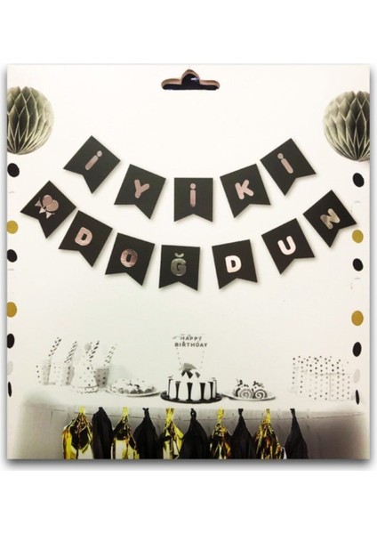 Siyah Gümüş Yaldızlı Doğum Günü Kutlama Banneri