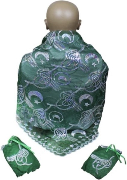 Yeşil Osmanlı Tuğralı Kına Omuz Örtüsü ve Eldivenli Düğün Takımı