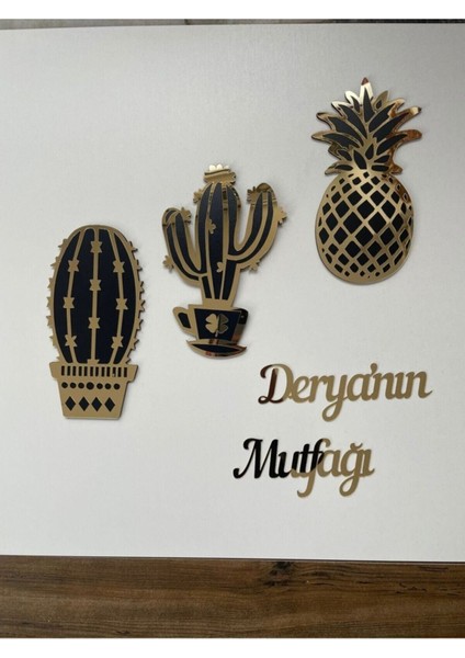 Aynalı Pleksili 3'lü Mutfak Dekoru Seti Ananas ve Kaktüs Tasarımı Siyah