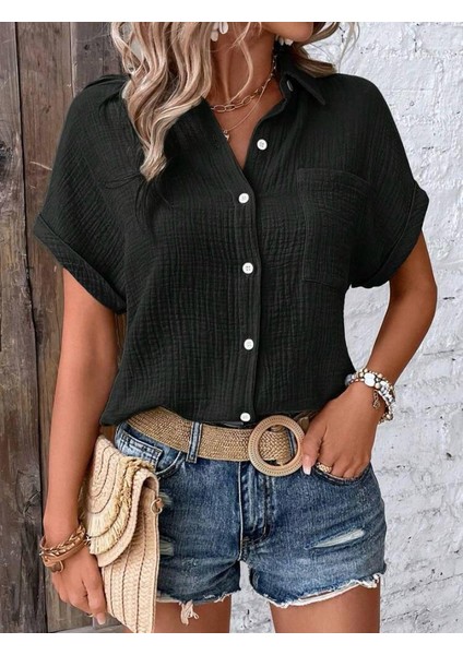 Kadın Cep Detaylı Kısa Kollu Müslin Kumaş Gömlek
