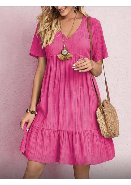 Kadın V Yaka Eteği Fırfırlı Bürümcük Kumaş Elbise