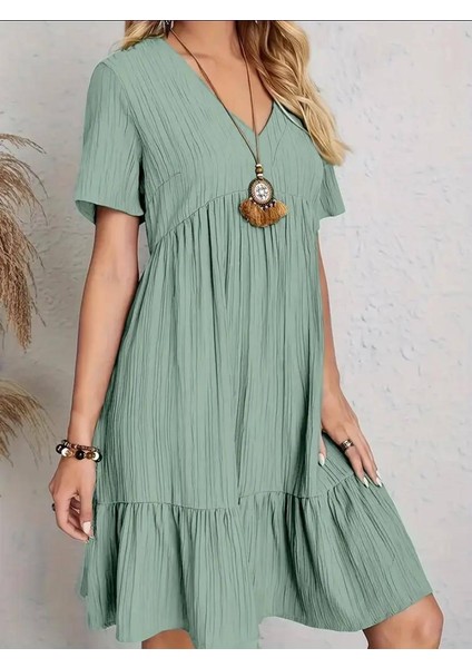 Kadın V Yaka Eteği Fırfırlı Bürümcük Kumaş Elbise
