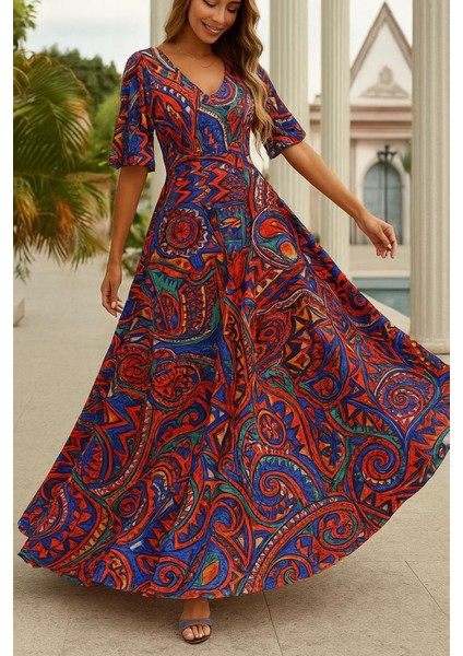 Kadın Çiçek Desenli V Yaka Süprem Kumaş Elbise