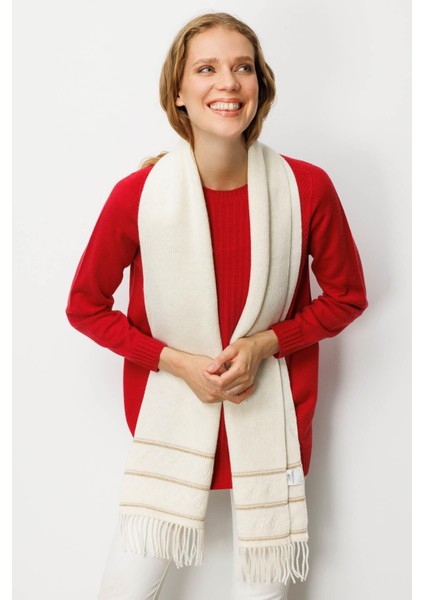 Kadın Simli Jakarlı Püsküllü Yün Kaşkol Kemik