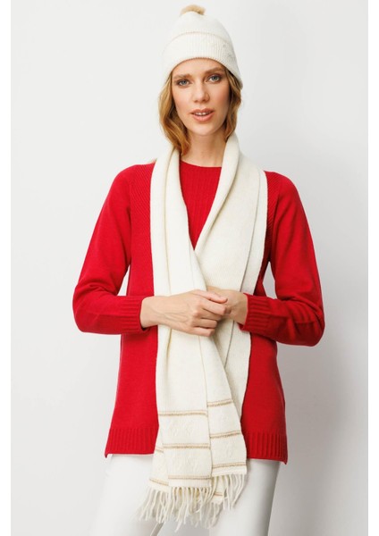 Kadın Simli Jakarlı Püsküllü Yün Kaşkol Kemik indirimleri