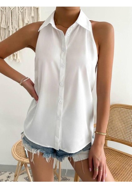 Kadın Yakalı Sıfır Kol Dokuma Viskon Kumaş Gömlek