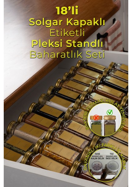 18'li Şeffaf Pleksi Standlı Cam Baharatlık Seti Kapaklı Etiketli Baharatlık Takımı MH02GLD18