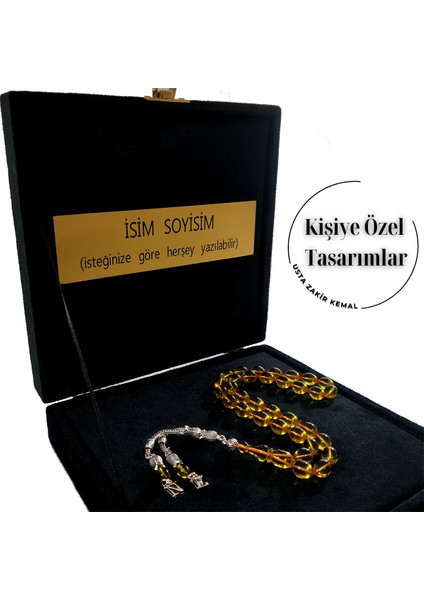 Ateş Kehribar Tesbih, Harfli Kişiye Özel Kadife Kutulu , Sıkma Kehribar ,tespih Gümüş Kaplama,sarı